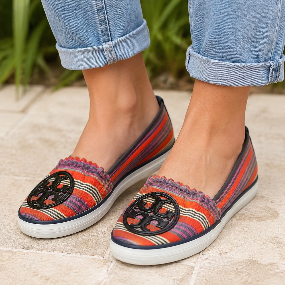Tory Burch Striped Canvas Logo Medallion Slip On Flats Orange Multi Size 7